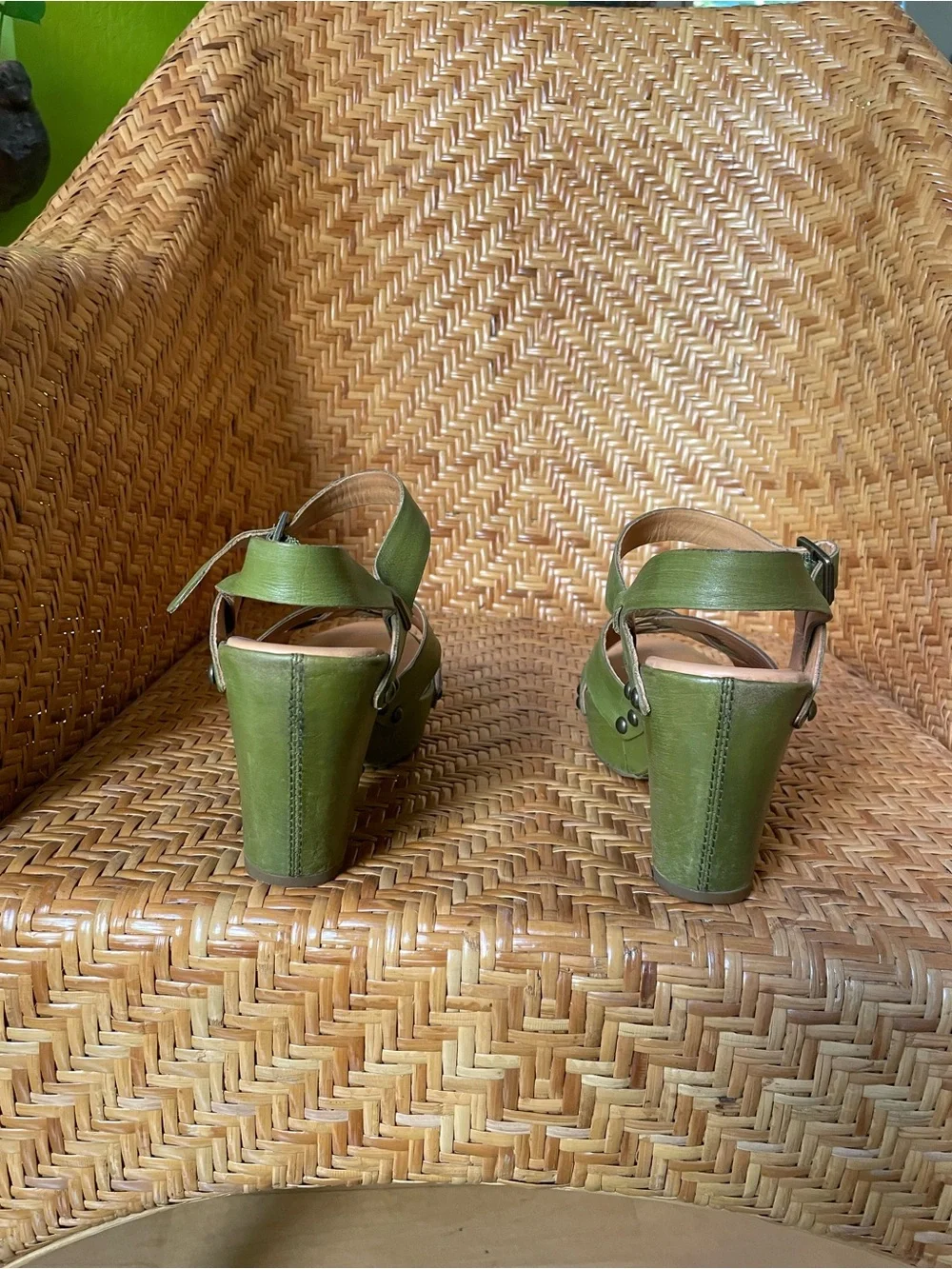 Olive green leather Korkease healed platform  sandal with ankle strap